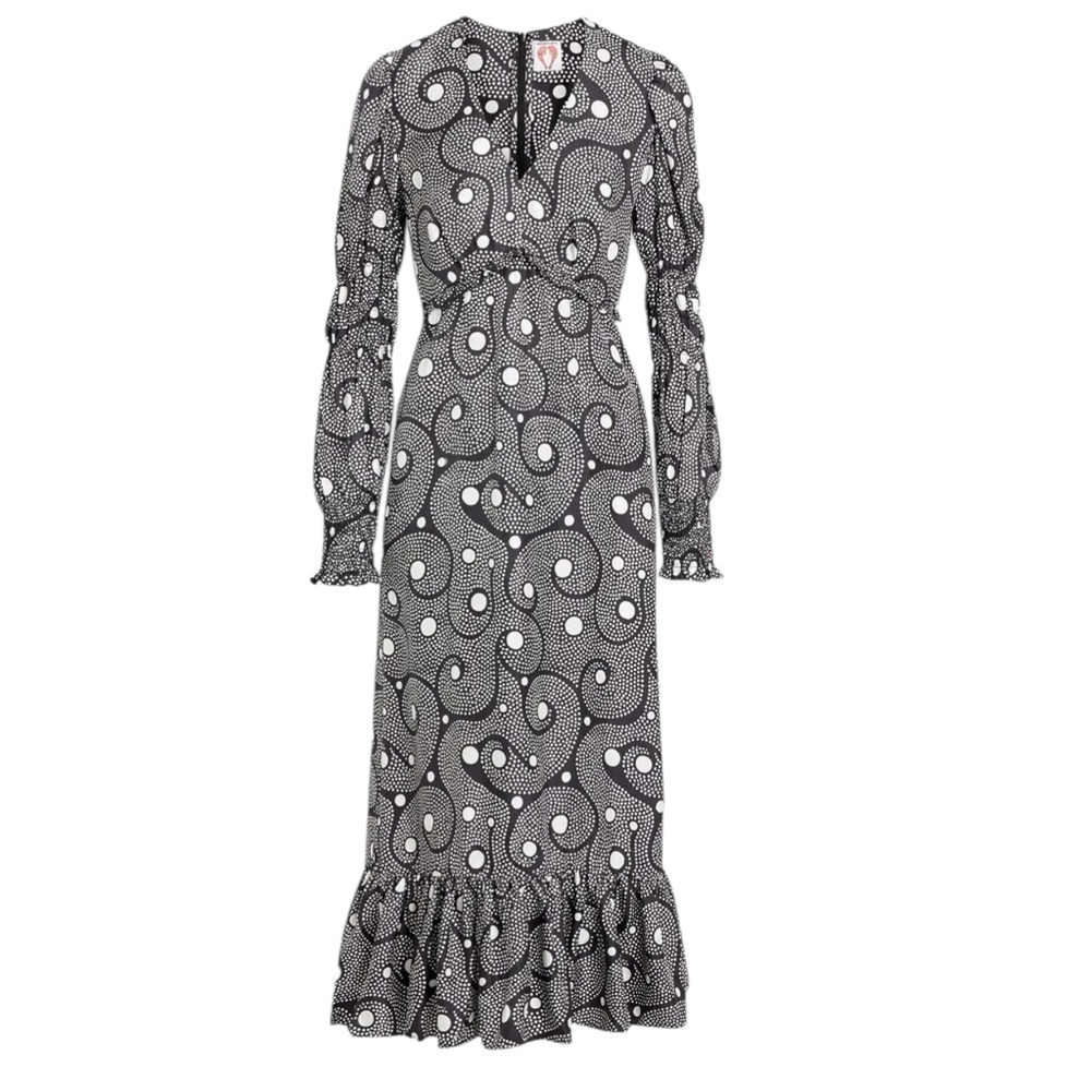 SHRIMPS Clemente Ruffled Printed Silktwill Midi Dress - Black Size 10